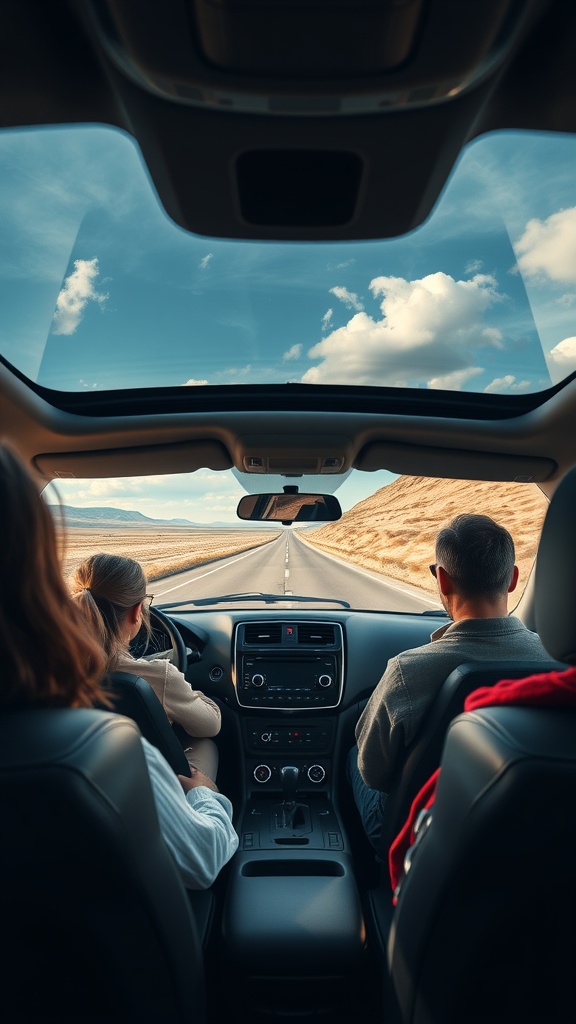 Interior view of a family car with passengers enjoying a scenic drive.