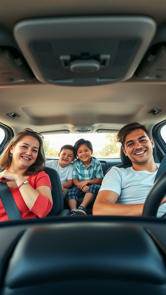 A family with two children sitting comfortably in a car, smiling and ready for a road trip.