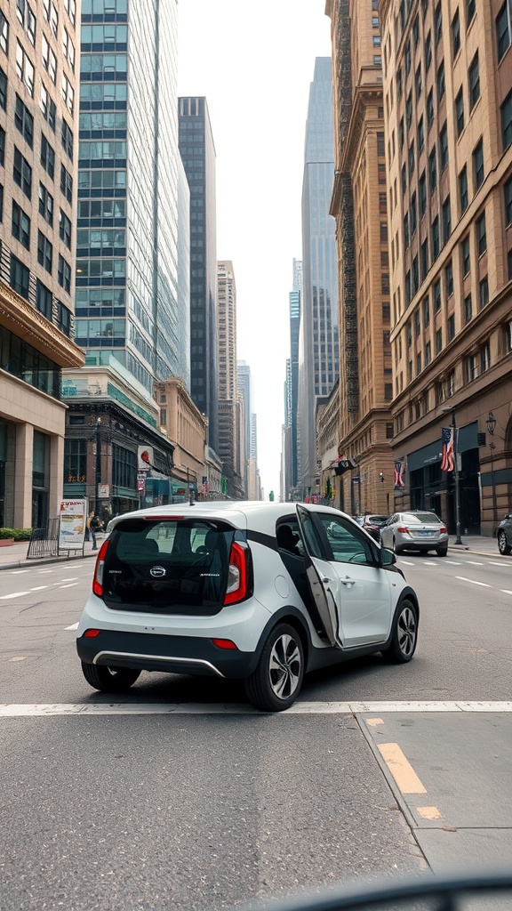 A compact electric vehicle parked on a city street surrounded by tall buildings.