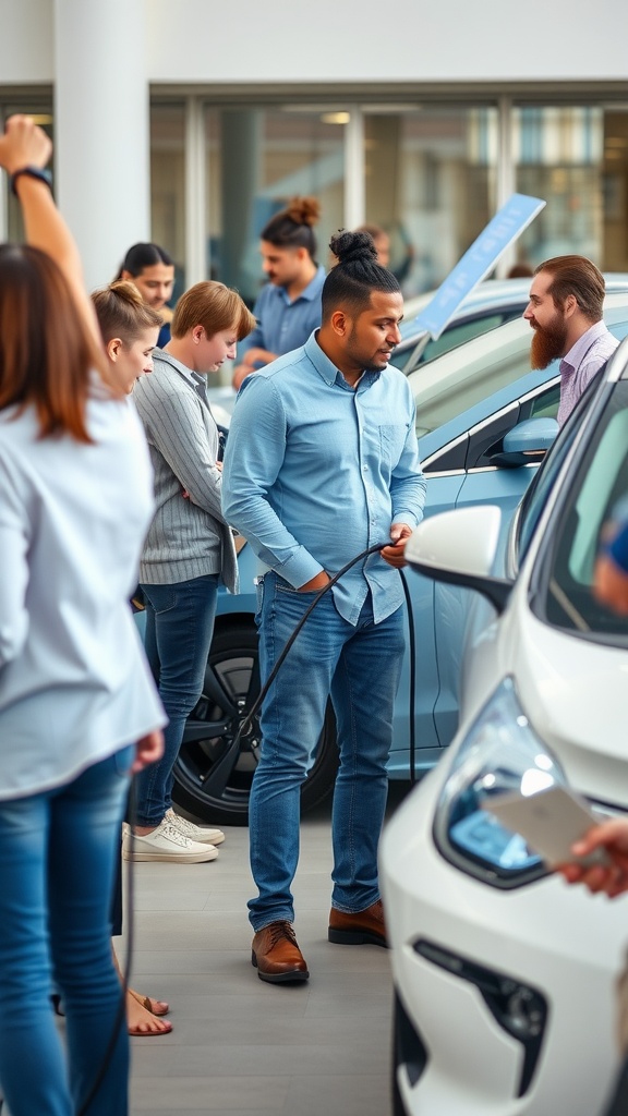 A group of people engaging with electric cars in a showroom