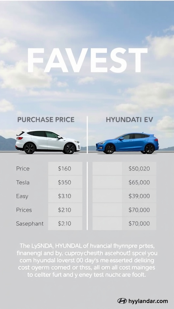 Comparison of Tesla and Hyundai EV costs, including purchase prices and long-term expenses.