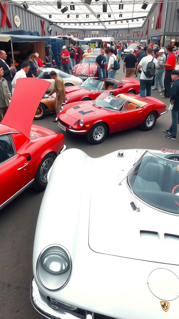 A gathering of classic sports cars with enthusiasts admiring the vehicles
