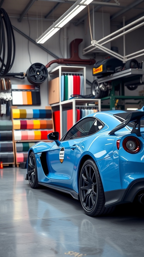Blue sports car in a workshop setting with colorful materials in the background.