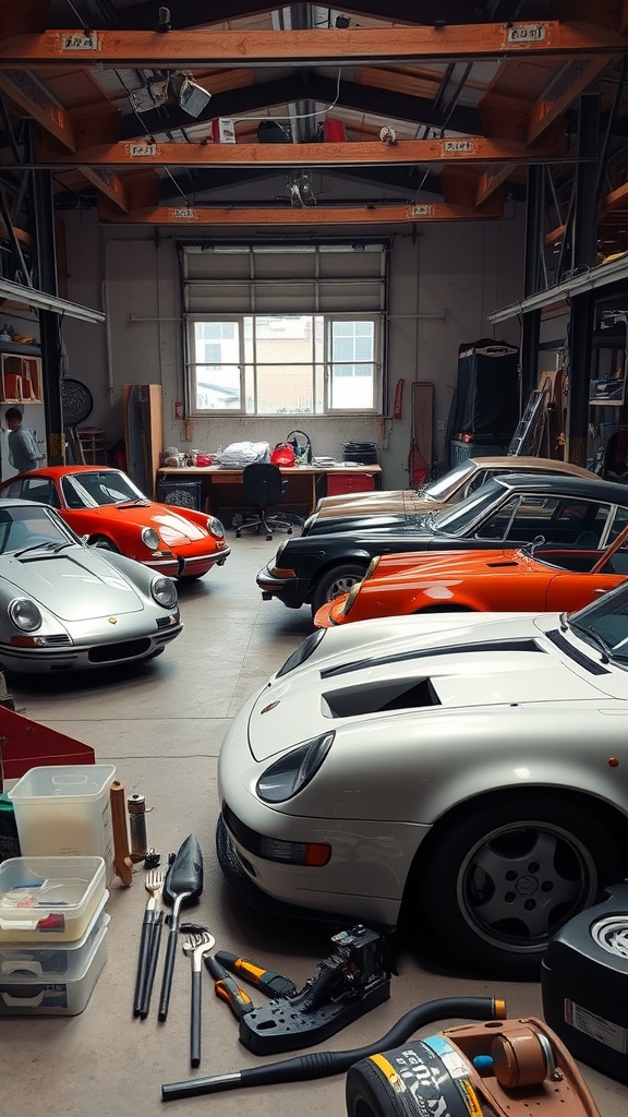 A garage filled with classic and modern sports cars, showcasing a blend of styles and tools.