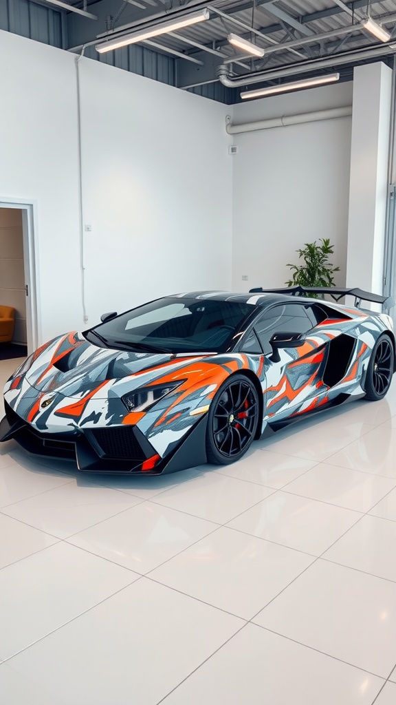 A customized Lamborghini with vibrant graphics displayed in a modern showroom.