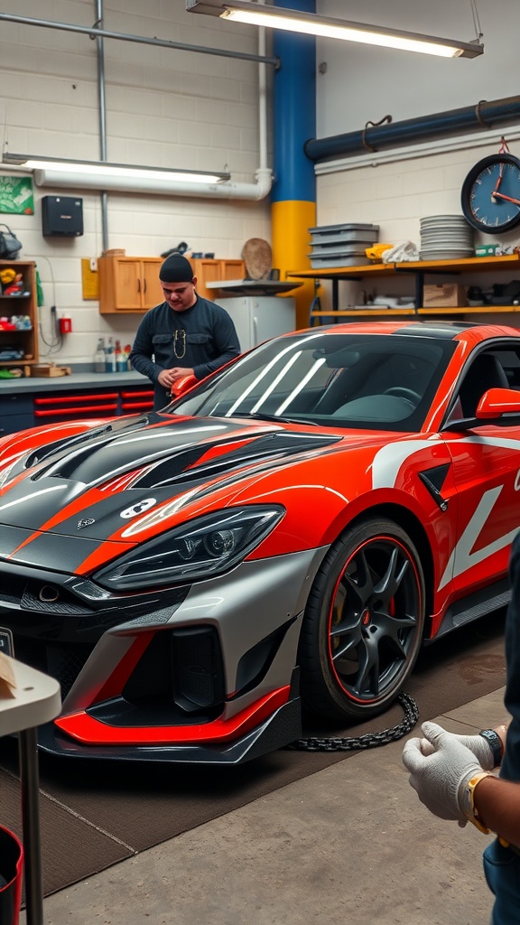 A red sports car with black and silver accents in a workshop, being customized by two people.