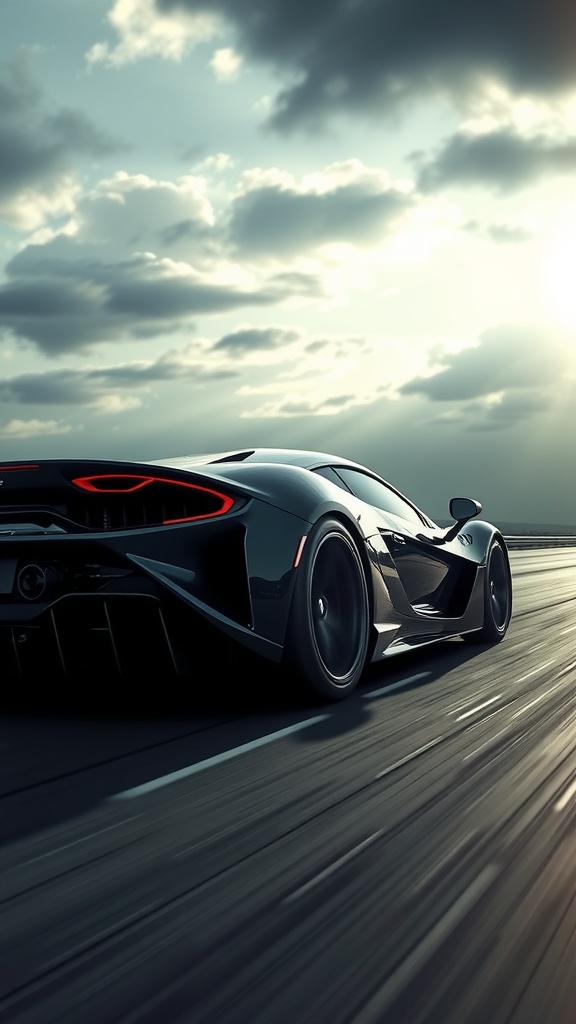 A sleek black supercar in motion, emphasizing its aerodynamic design under a cloudy sky.