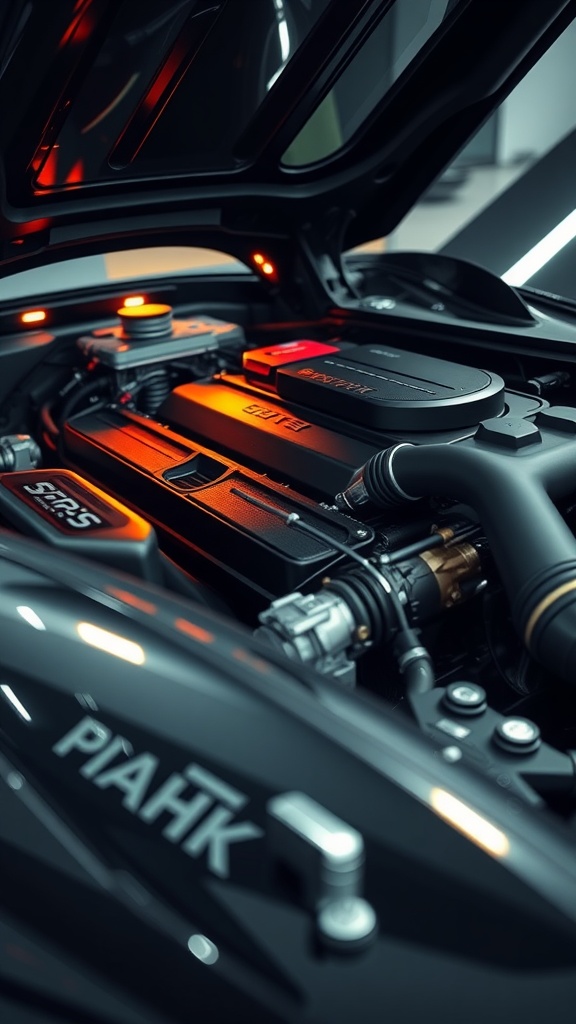 An intricate high-performance sports car engine under the hood, showcasing advanced engineering.