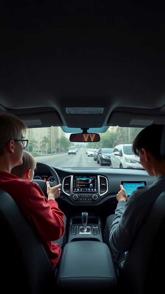 Inside view of a 7-seater SUV showing a driver and a passenger using a tablet.