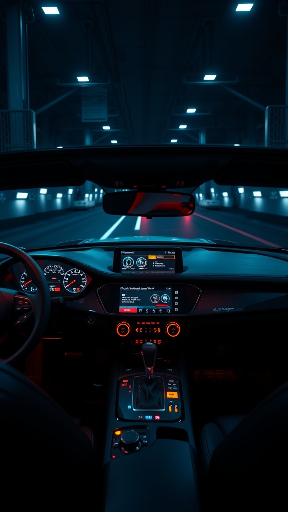 Interior of an exotic sports car showcasing advanced technology and sleek design.