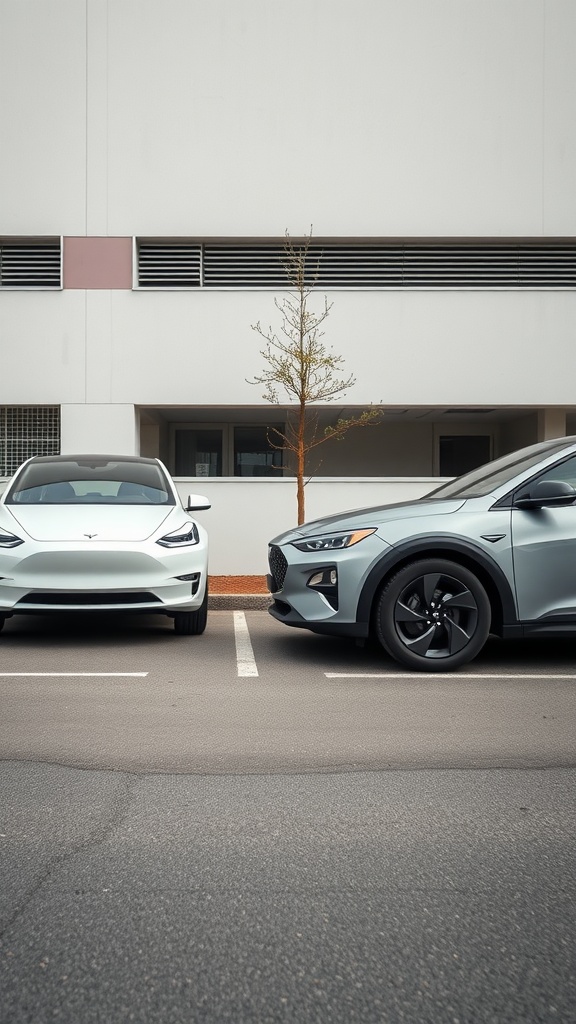 A white Tesla parked next to a grey Hyundai electric vehicle, showcasing their distinct designs.