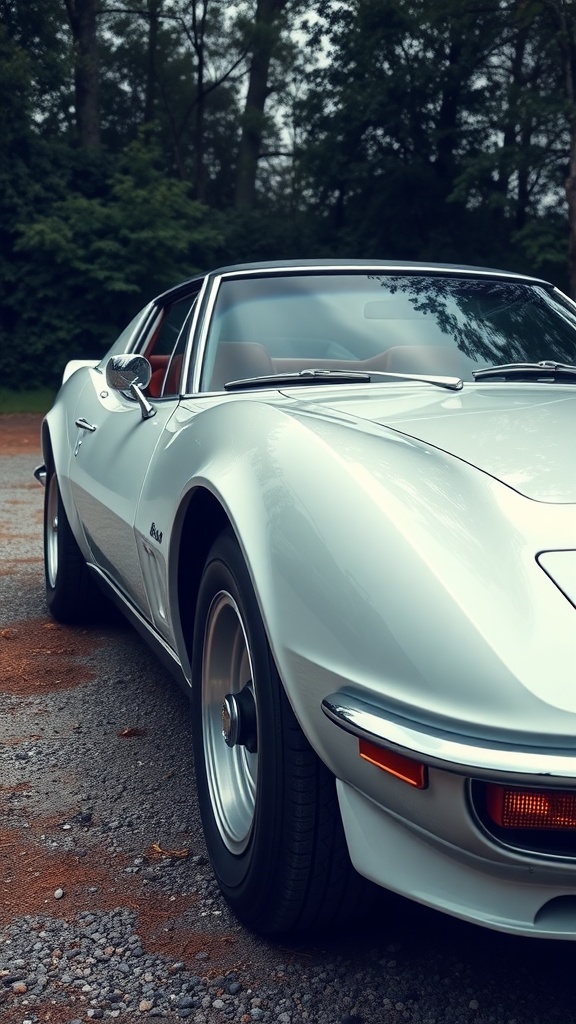 A classic sports car with sleek lines parked on a gravel road, surrounded by greenery.