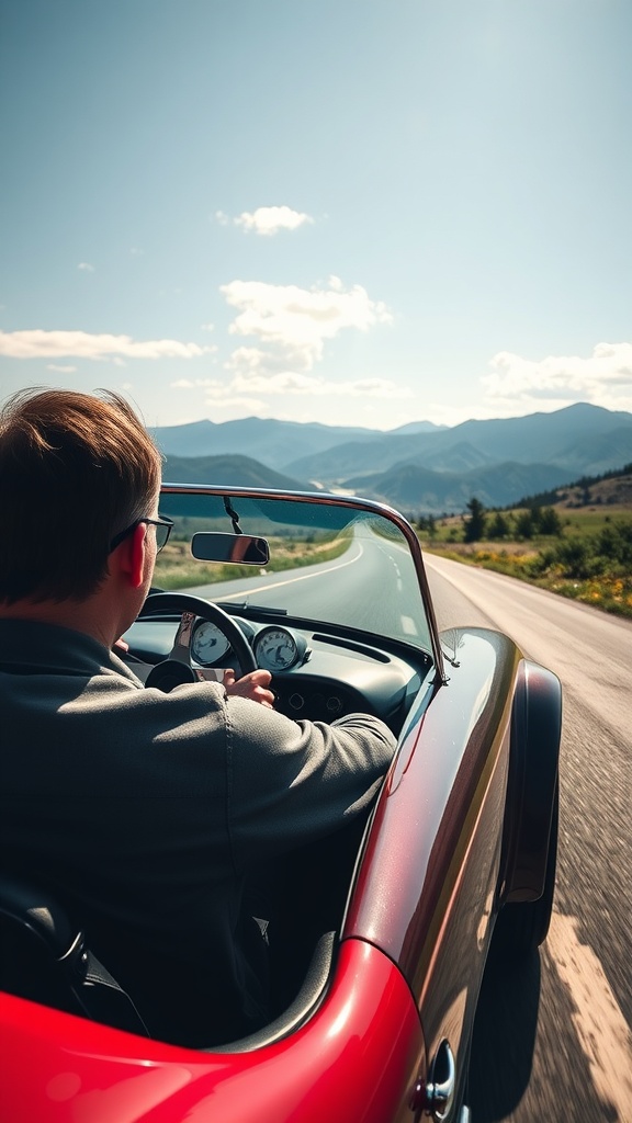 A driver in a classic red sports car enjoying a scenic drive on a sunny day.