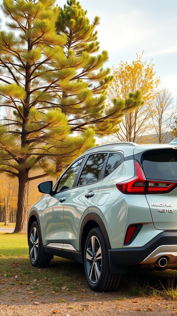 A modern eco-friendly SUV parked in a natural setting with trees.