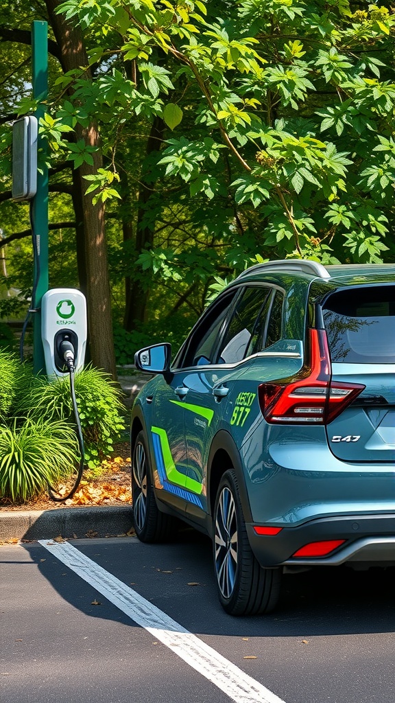 An electric vehicle charging at a station surrounded by greenery.