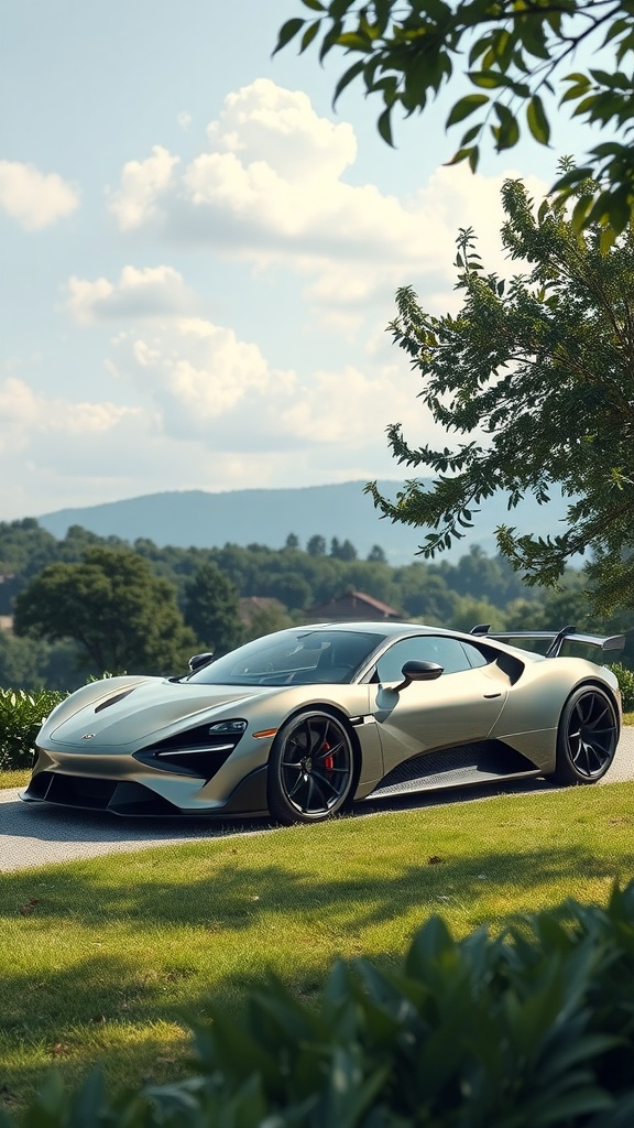 A luxury supercar parked in a green landscape, representing the future of eco-friendly vehicles.