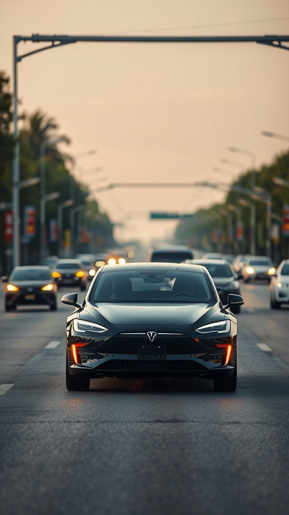 A black electric vehicle driving in a busy city street, highlighting the presence of EVs in daily commuting.