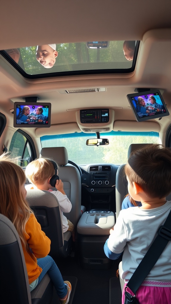 Interior of a family MPV with kids watching movies on screens