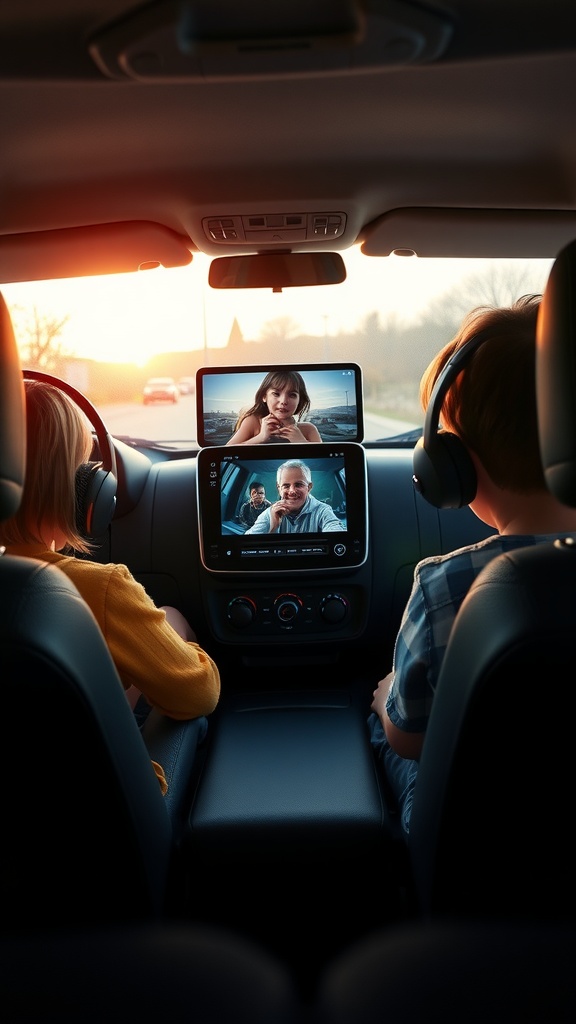 Children in a car using headphones and watching a screen with engaging content.