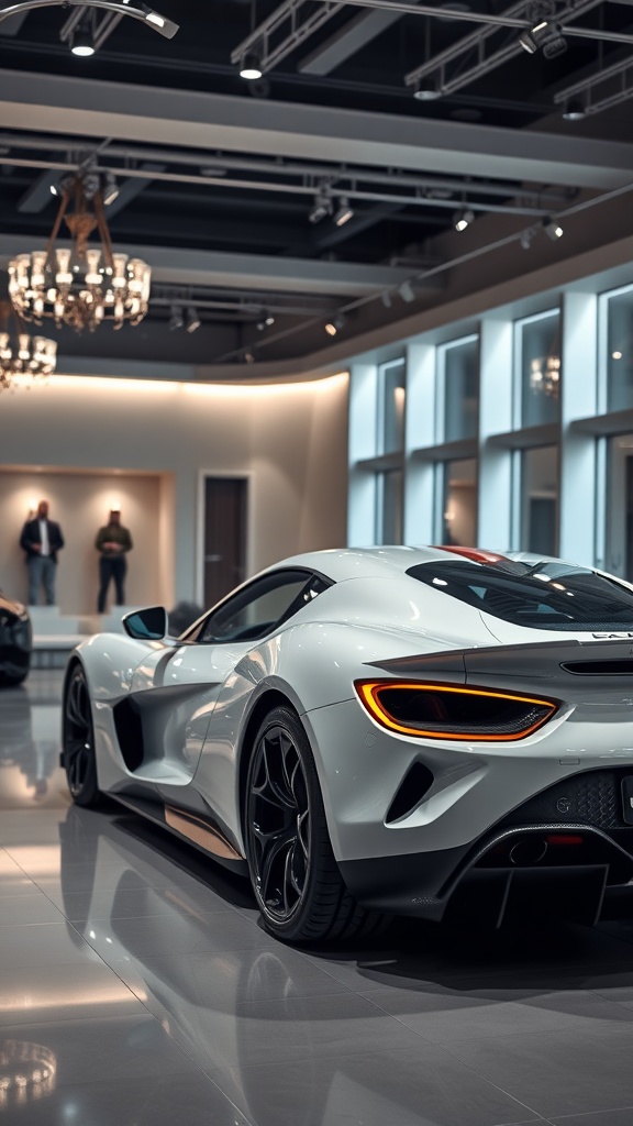 Image of a sleek white sports car in a luxurious showroom setting.