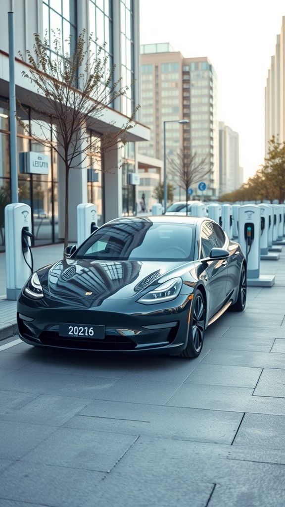 A sleek fully electric car parked near charging stations in an urban setting.