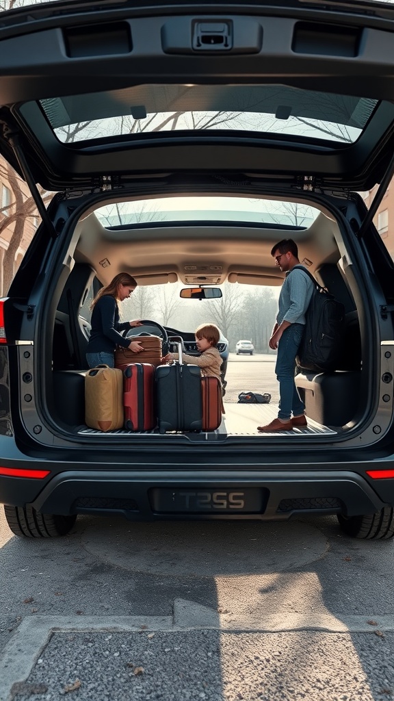 Family packing an electric vehicle with luggage