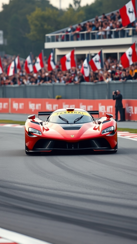 Ferrari SF90 Stradale racing on a track with fans and flags in the background