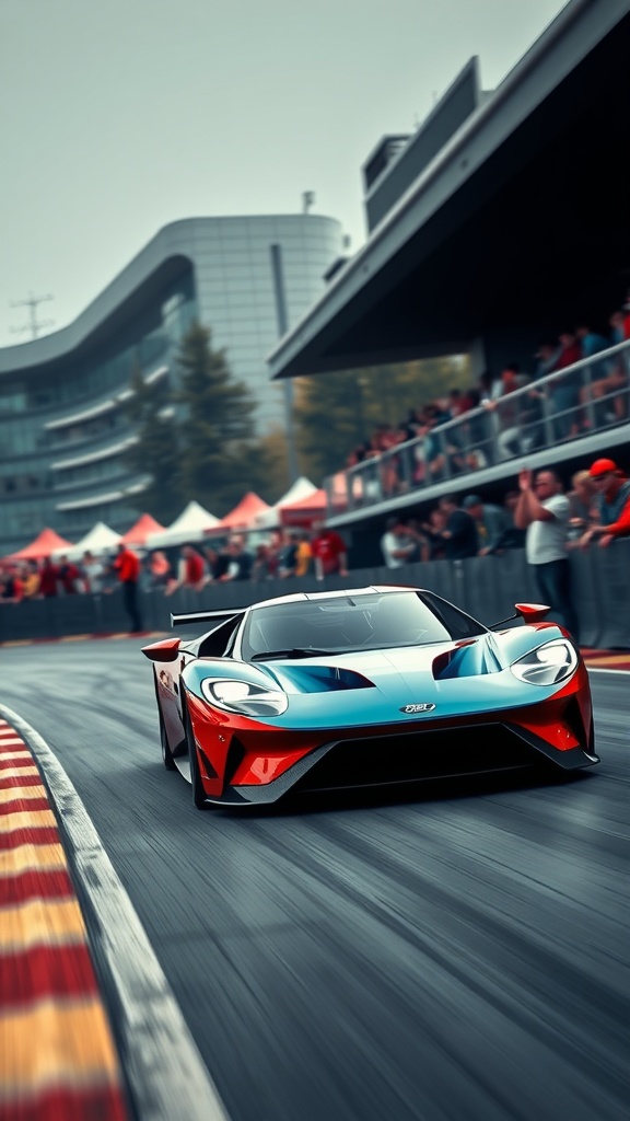 A Ford GT racing on a track with spectators in the background