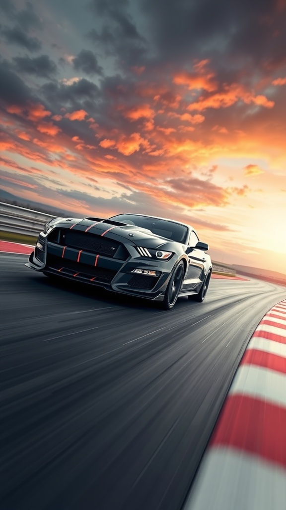Ford Mustang Shelby GT500 racing on a track during sunset