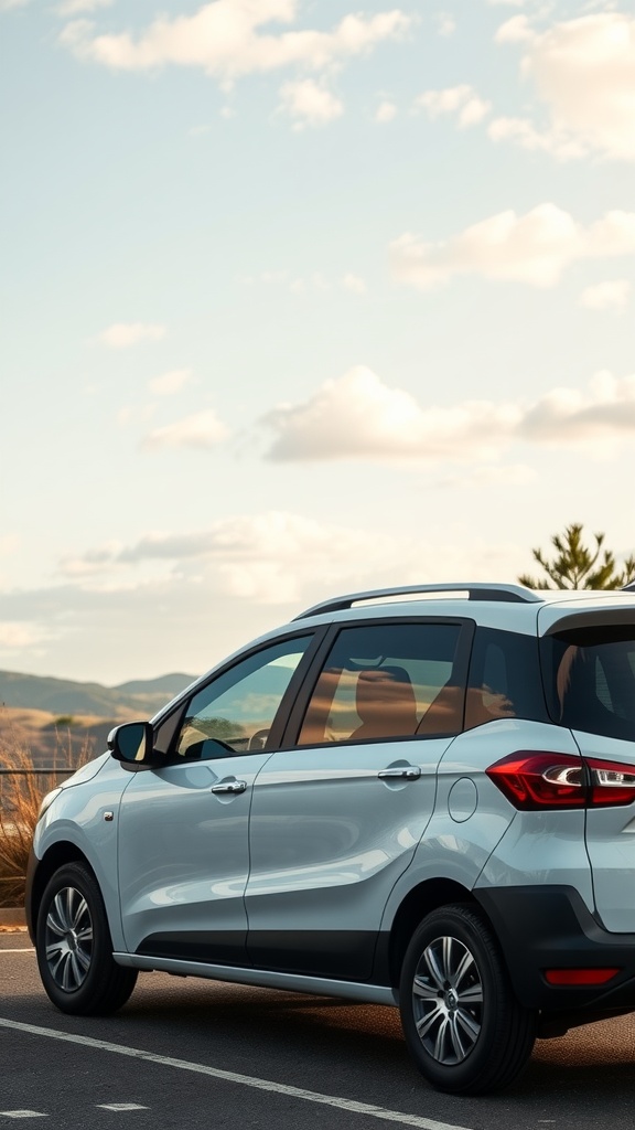A silver MPV parked on a road with mountains in the background under a partly cloudy sky.