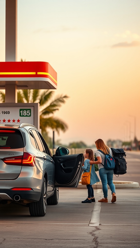 A family preparing to enter a silver SUV at a gas station during sunset.