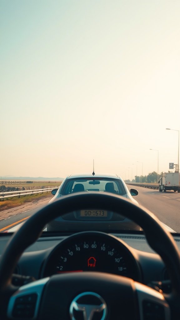 View from inside a car showing the dashboard and road ahead during a commute.