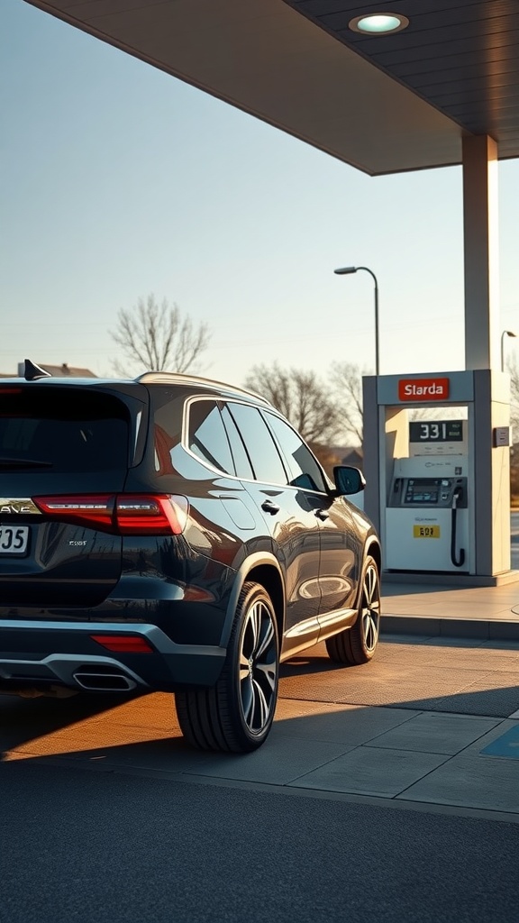 A sleek SUV parked at a gas station, emphasizing fuel efficiency.