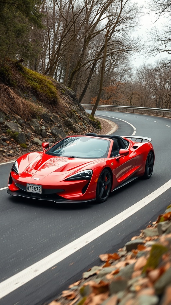 A red sports car driving on a winding road with trees in the background
