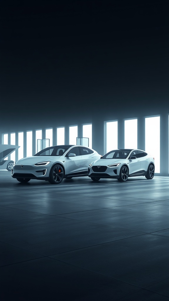 A display showcasing upcoming Tesla and Hyundai electric vehicle models