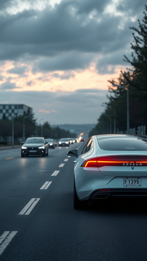 A road with a mix of hybrid and electric cars during sunset
