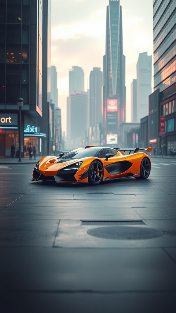 A modern orange sports car parked in an urban setting with skyscrapers in the background.