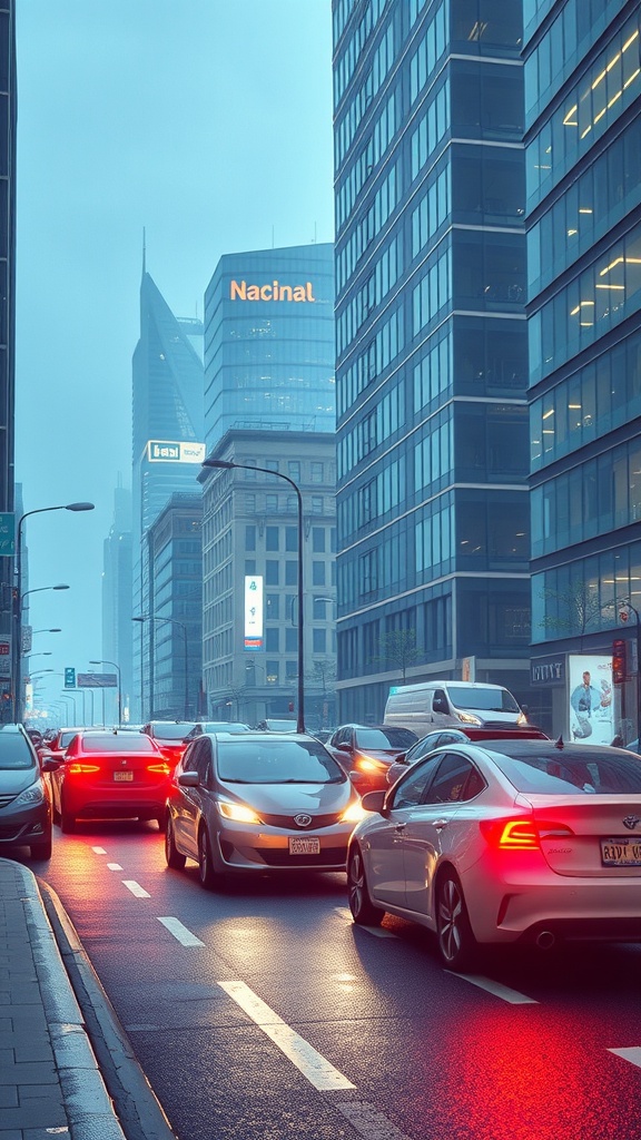 City traffic scene showing electric vehicles amidst modern buildings