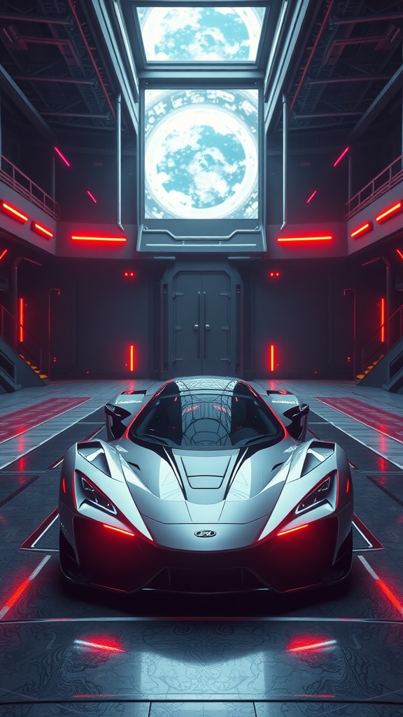 A futuristic silver exotic sports car in a high-tech garage with red lighting and a view of the moon