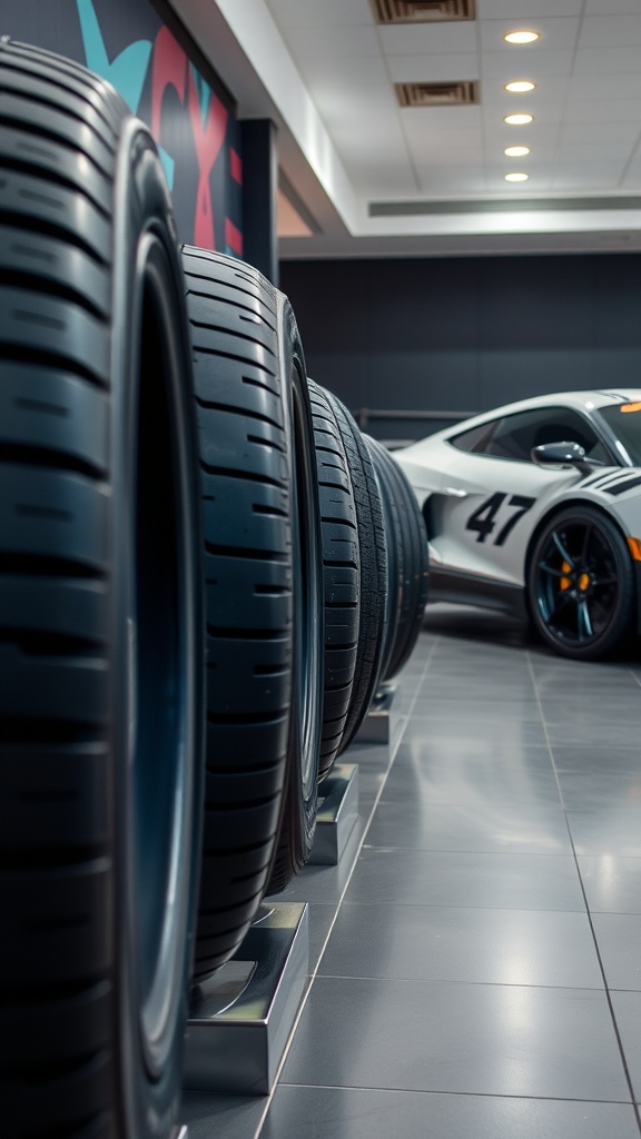 A close-up view of high-performance tires displayed in a showroom next to a sports car.