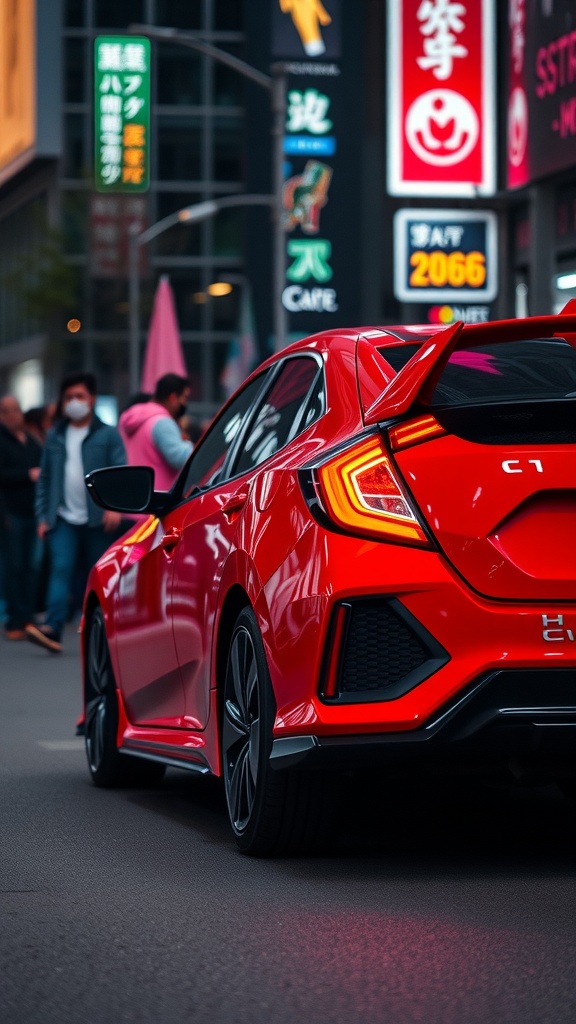 A red Honda Civic Si parked in an urban setting with neon signs in the background.