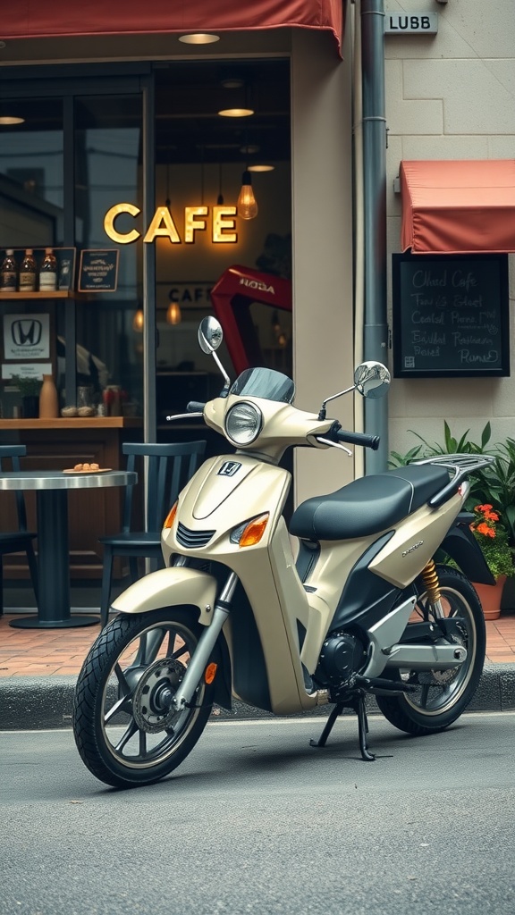 A Honda e parked outside a cafe, showcasing its retro design and compact size.