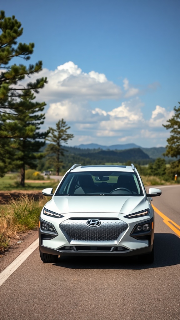 Front view of a Hyundai Kona Electric parked on a scenic road