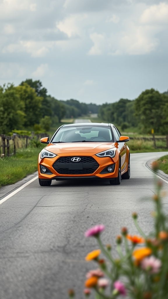 Orange Hyundai Veloster driving on a scenic road with flowers in the foreground