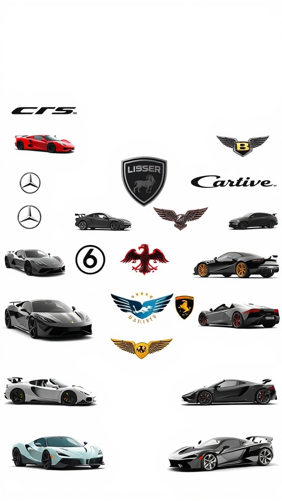 Logos and sleek designs of various luxury supercar brands for 2025