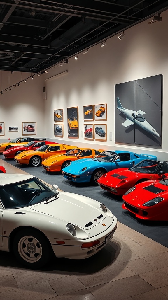A collection of exotic sports cars displayed in a gallery, showcasing various colors and designs.