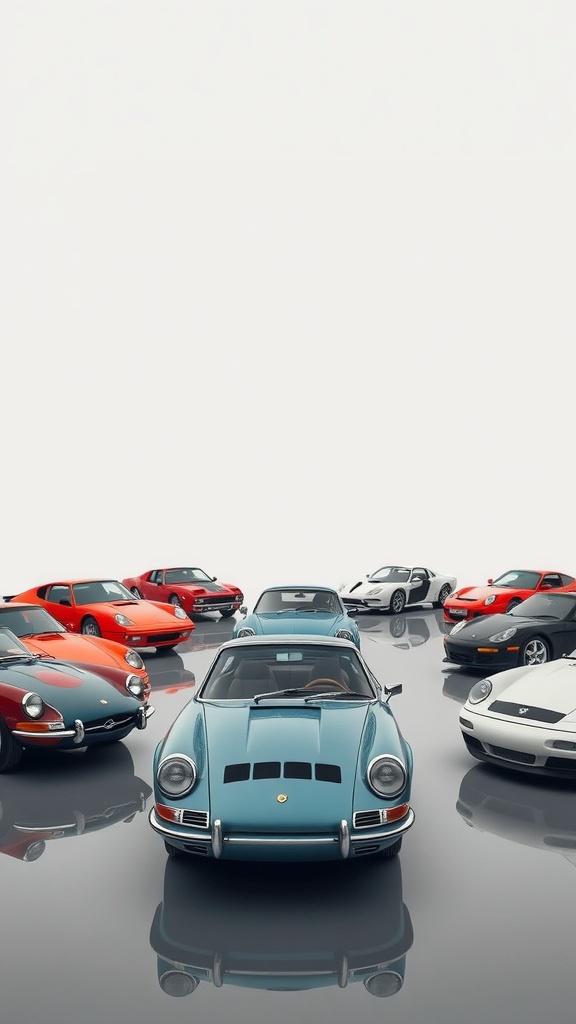 A lineup of classic and modern sports cars showcasing iconic designs.