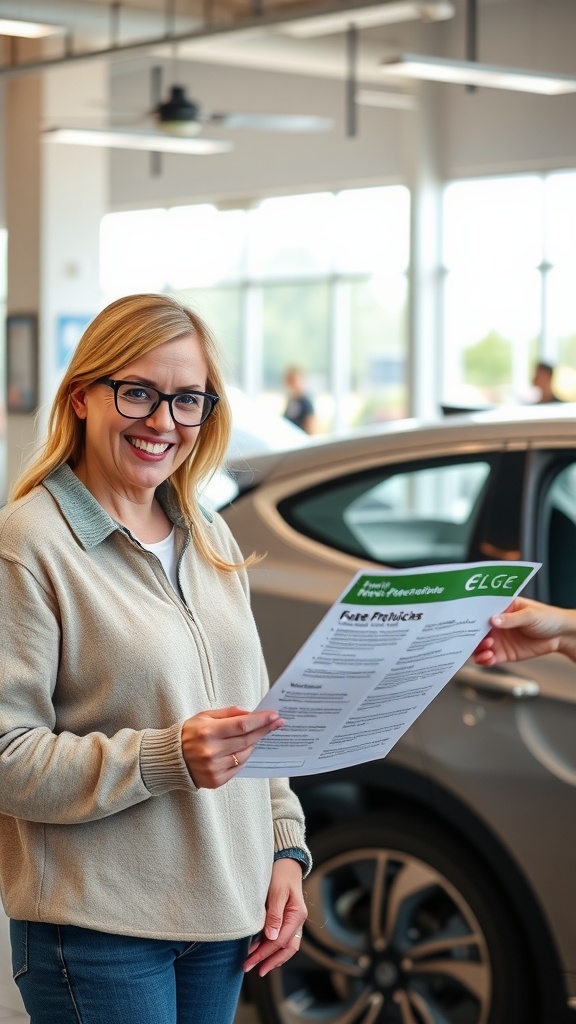 A woman at a car dealership looking at an EV flyer with a smile.