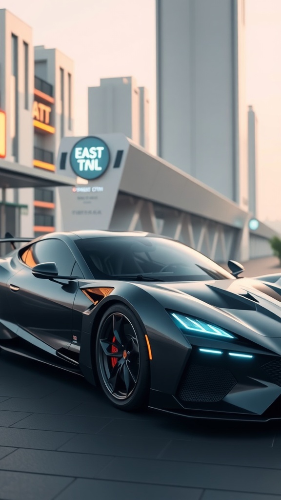 A modern sports car parked in an urban environment, showcasing its sleek design and advanced technology.