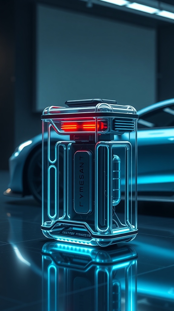 A futuristic electric car battery with glowing accents, representing advancements in battery technology.